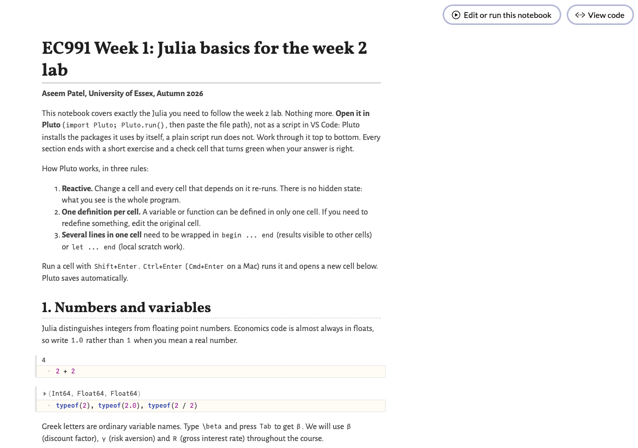 The week 1 notebook open in Pluto: a title, explanatory text, and code cells showing their results above the code