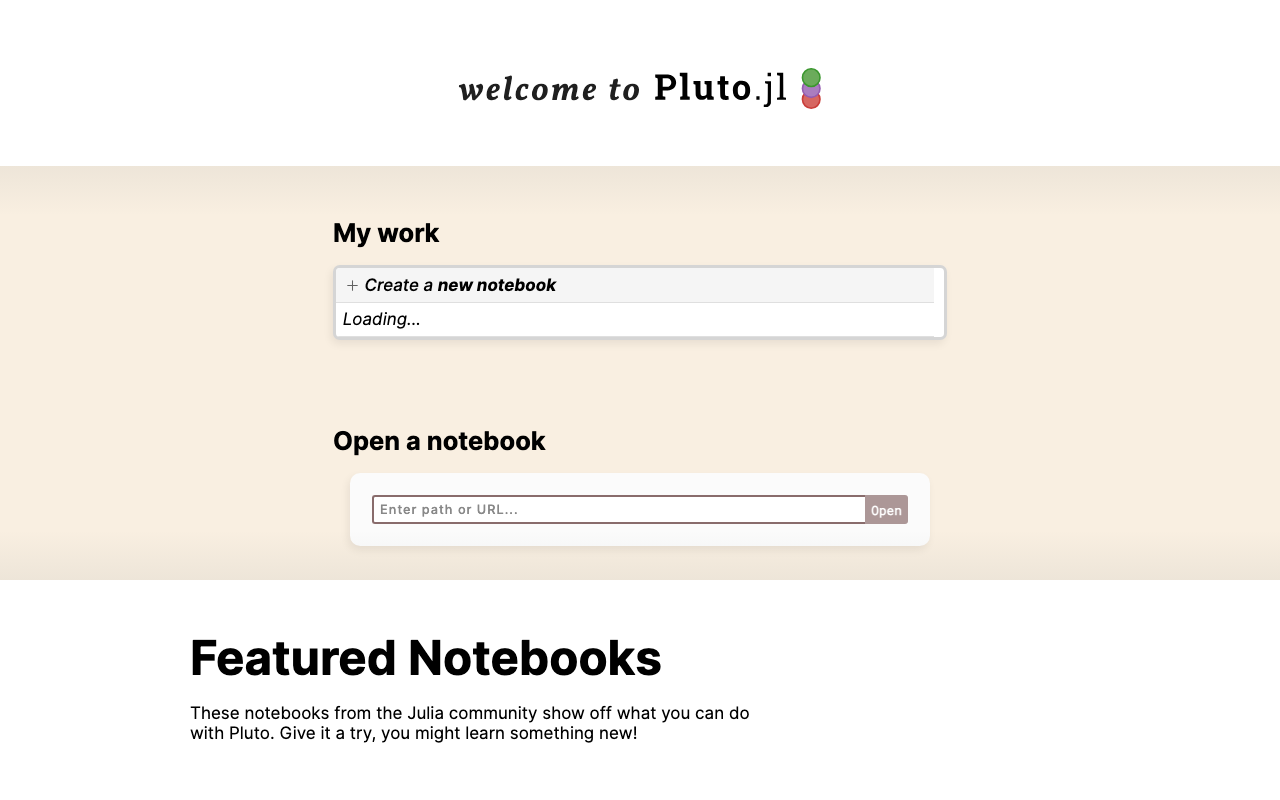 Pluto's welcome page, with a box labelled Open a notebook that takes a path or URL